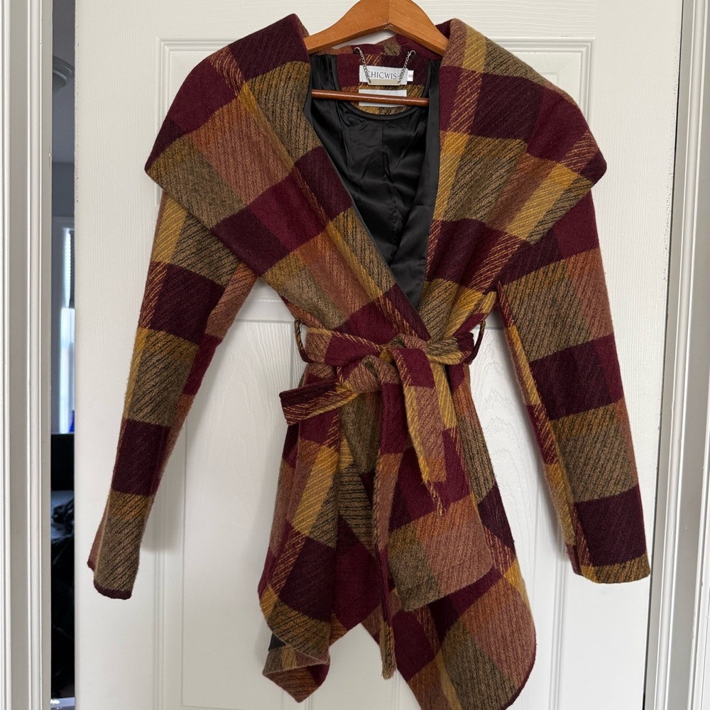 Chicwish Wool Blend Wrap Plaid Coat in Burgundy and Mustard